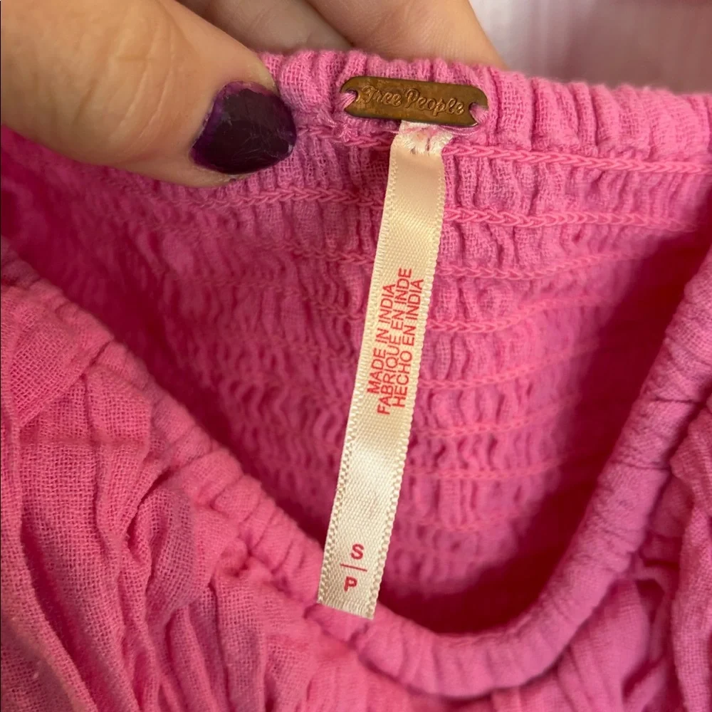 FREE PEOPLE CHLOE TIE BACK LONG SLEEVES CROPPED SMOCKED TOP BLOUSE HOT PINK SZ S